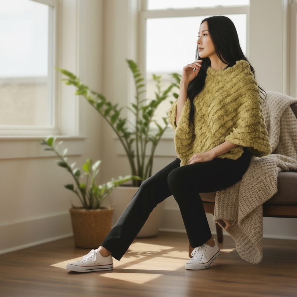 Black Rivet Soft Olive Green Poncho - Rabbit shell. A302